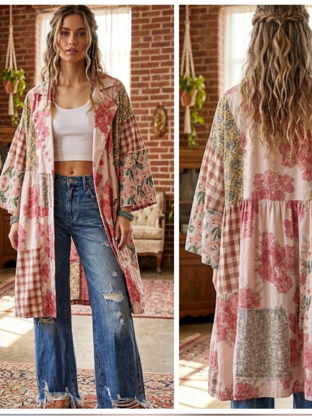 Boutique Floral Patchwork Kimono Duster in Blush Pink oversized fit Size: Small